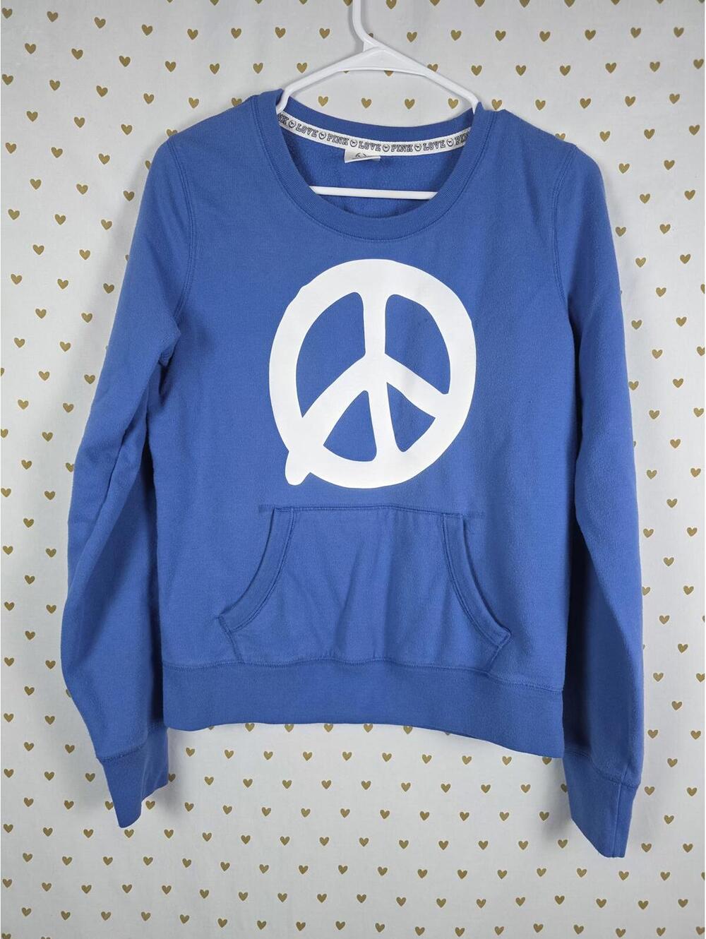 Victorias Secret Pink Vintage Y2k PEACE Blue Pullover Crew Sweater Shirt MEDIUM